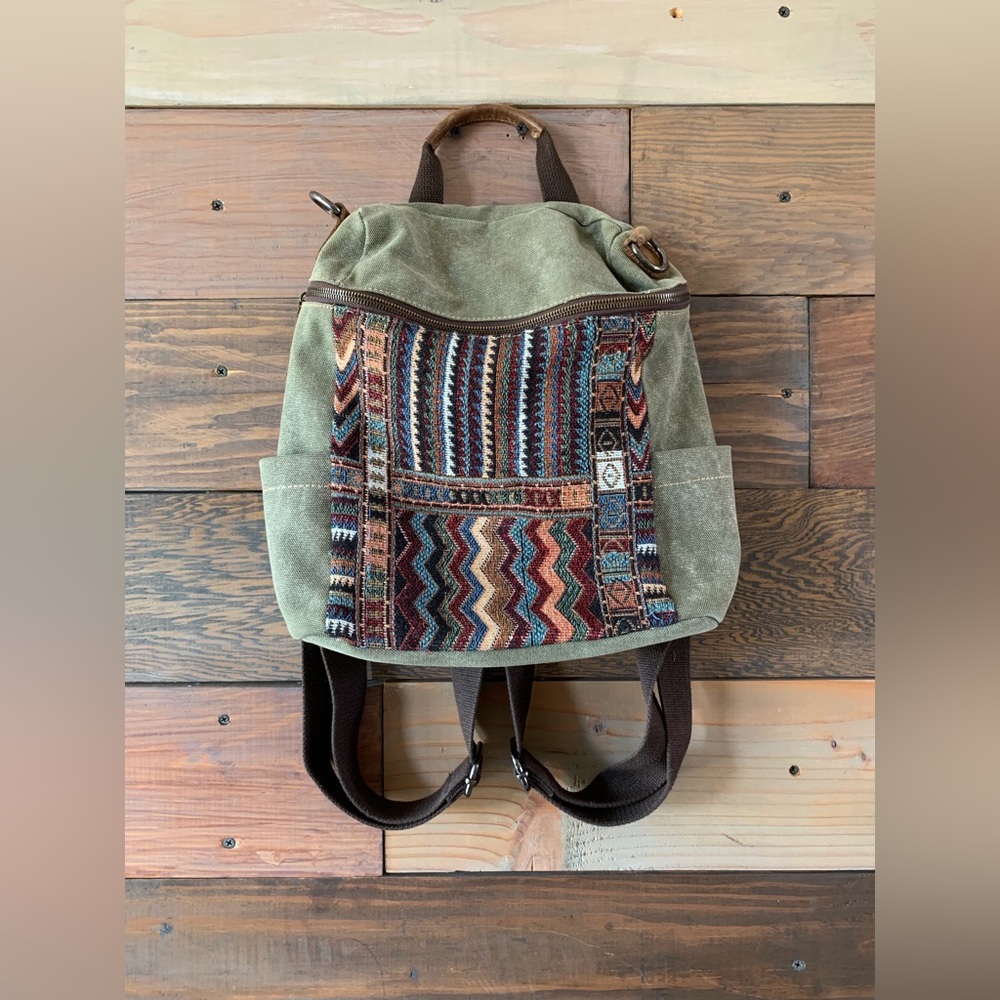 Cute Olive Green Canvas Mini Backpack with Handwoven Indigenous Textile Pattern